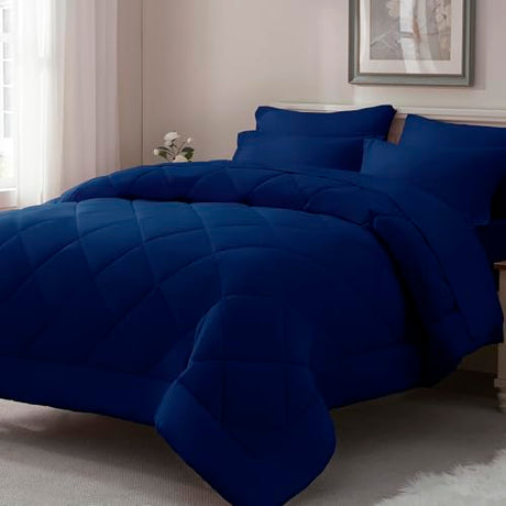 ELNIDO QUEEN® Full Size Comforter Set - 7 Pieces Navy Bed in a Bag Full, Bed Set All Seasons, Soft Bedding Sets with Dark Blue Comforter, Flat Sheet, Fitted Sheet, Pillowcases and Pillow Shams ELNIDO QUEEN