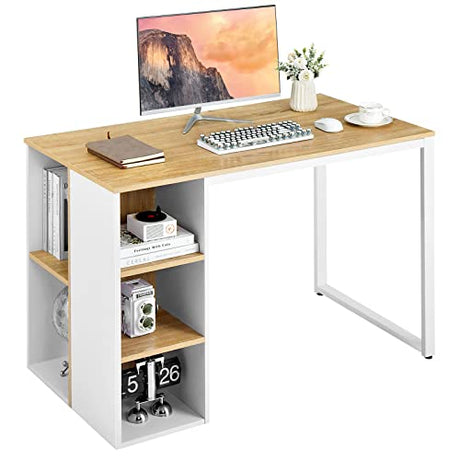 Tangkula Computer Desk with Storage Shelves, Home Office Desk with 5 Side Shelves & Metal Frame, Space Saving Laptop PC Desk, Writing Study Desk, Modern Vanity Desk for Bedroom (Natural) Tangkula