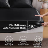 BEDELITE Satin Fitted Sheet Queen Size with Elastic Corner Straps, Luxury Soft Silk-Like Bed Sheet for Hair & Skin, 1 Deep Pocket Fitted Sheet Only Fits 15" Mattress, Fade & Wrinkle Resistant, Black BEDELITE