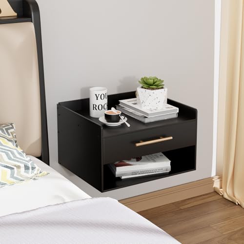 Bamboo Floating Nightstand with Storage Drawer and Modern Open Shelf Cubby，Bedroom, Living Room, Kitchen, Tool Room for use. (Black, Assembly) Dexgva