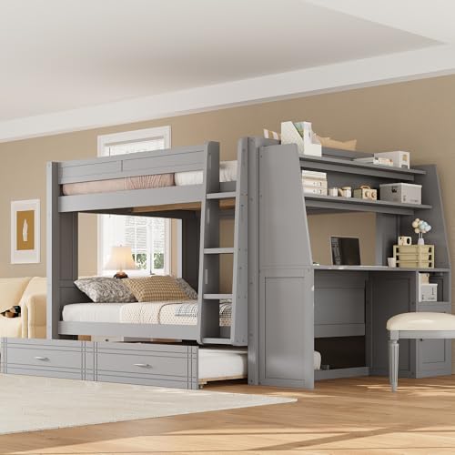 CKLMMC Full Size Multifunctional Bunk Bed with Desk and Bookshelves, Trundle, Space-Saving Wooden Bunk Bed for Kids & Teens (Gray/T) CKLMMC