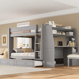 Merax Full Over Full Size Multifunctional Bunk Bed with Trundle, Desk, Bookshelves, Modern Loft Bed Frame with Ladder, Storage Shelves, and Guardrail for Teens, Gray Merax
