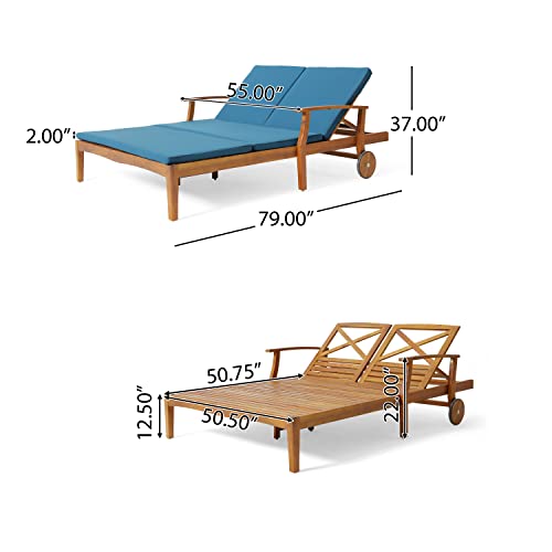 XD Designs Outdoor Double Chaise Lounge Chairs, All Weather Acacia Wood Frame Patio Reclining Daybed Sunbed with Cushions and Adjustable Backrest for 2 People