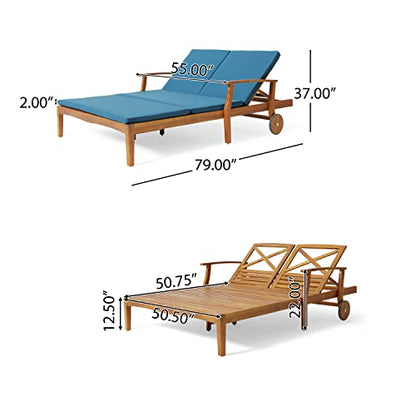 XD Designs Outdoor Double Chaise Lounge Chairs, All Weather Acacia Wood Frame Patio Reclining Daybed Sunbed with Cushions and Adjustable Backrest for 2 People