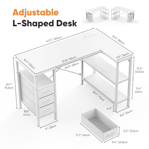 DUMOS L Shaped Desk with Shelf Drawers 47 Inch, White Corner Computer Desks Gaming with Power Outlet, Study Table with Adjustable Shelves, Home Office Tables for Bedroom Teacher Reading Writing DUMOS