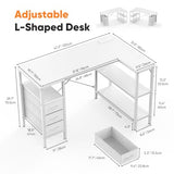 DUMOS L Shaped Desk with Shelf Drawers 47 Inch, White Corner Computer Desks Gaming with Power Outlet, Study Table with Adjustable Shelves, Home Office Tables for Bedroom Teacher Reading Writing DUMOS