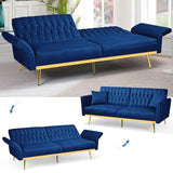 ACMEASE 70” Velvet Futon Sofa Bed w/Adjustable Armrests and Backrest, Convertible Futon Couch w/2 Pillows, Modern Sleeper Bed for Living Room, Bedroom, Blue ACMEASE
