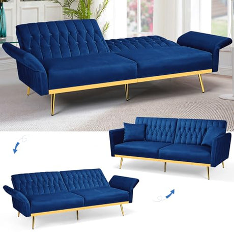 ACMEASE 70” Velvet Futon Sofa Bed w/Adjustable Armrests and Backrest, Convertible Futon Couch w/2 Pillows, Modern Sleeper Bed for Living Room, Bedroom, Blue ACMEASE