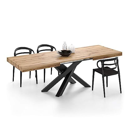 Mobili Fiver, Emma 160 Extendable Dining Table, Rustic Oak with Black Crossed Legs, Laminate-Finished/Iron, Made in Italy - WoodArtSupply