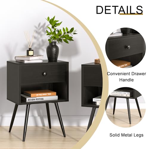 VECELO Nightstands Set of 2, Mid Century Modern End Bedside Table, Night Stand with Storage Drawer and 2 Tiers Open Shelf for Small Place, Bedroom, Living Room, Easy Assembly, Black VECELO