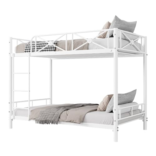 IDEALHOUSE Metal Bunk Bed Twin Over Twin, Modern Heavy Duty Bunkbeds with Safety Guard Rails & Space-Saving Design, Steel Twin Bunk Beds for School, Bedroom, White IDEALHOUSE