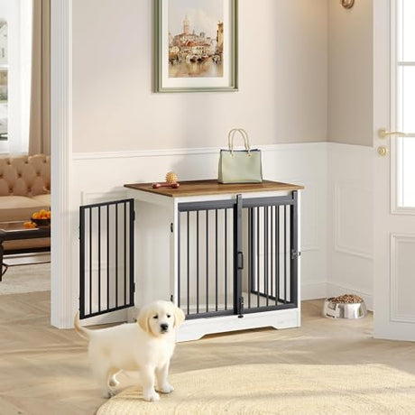 Hzuaneri 27.2" Dog Crate Furniture with Barn Door, Heavy Duty Dog Kennel Indoor with 2 Doors, Wooden Pet Cage End Table for Small Medium Dogs up to 22 lb, Anti-Chew Anti-Escape, White Brown DFC84314B Hzuaneri