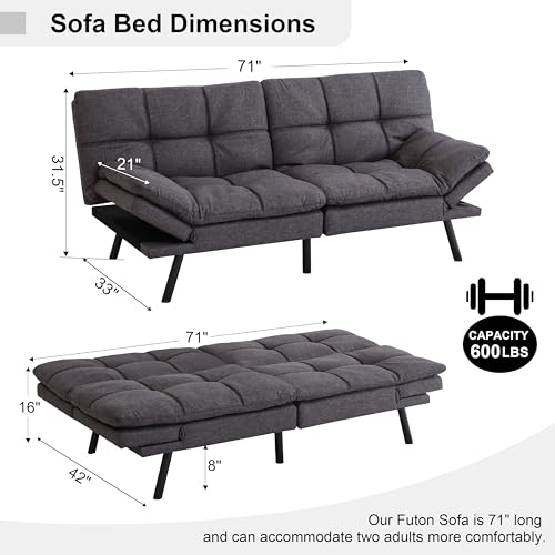 MUUEGM 71" Futon Sofa Bed, Comfortable Memory Foam Futons Sofa with Adjustable Backrest & Armrests, Convertible Loveseat Futon Bed for Compact Living Room, Apartment, Office, Medium Grey MUUEGM