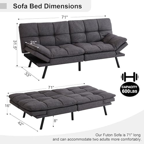 MUUEGM 71" Futon Sofa Bed, Comfortable Memory Foam Futons Sofa with Adjustable Backrest & Armrests, Convertible Loveseat Futon Bed for Compact Living Room, Apartment, Office, Medium Grey MUUEGM