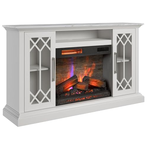 duraflame® Electric Fireplace Farmhouse Media Console for 65 Inch TVs with Glass Doors, Bright White Duraflame