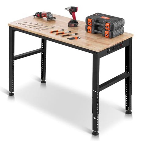 VEVOR Adjustable Workbench, 2000 lbs Capacity, 48 x 20-inch Heavy Duty Work Bench with 28.5-38.3 Inches Height Adjustment, Garage Workbench with Power Outlets, Suitable for Office, Garage, Workshop VEVOR