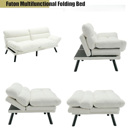 Klwenas Maec White Convertible Futon Sofa Bed, Memory Foam Foldable Couch, Teddy Loveseat Sleeper Daybed with Adjustable Armrests for Small Space, Bedroom, Office, Apartment, Living Room (White) Klwenas Maec