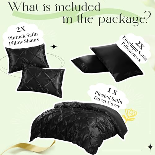 P Pothuiny 5 Pieces Satin Pintuck Duvet Cover Set, Silky Like Black Pinch Pleat Duvet Cover Full/Queen Size Luxury Bedding Set with Corner Ties, 2 Pillow Shams + 2 Pillowcases (No Comforter) P Pothuiny