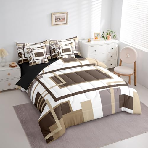 Erosebridal 7Pcs Khaki Square Geometric Comforter Set Twin,Minimalist Striped Abstract Bed in A Bag for Women Men Adults,Modern Aesthetic Art Quilt Set with Pillowcases,Geometric Stripes Bedding Erosebridal