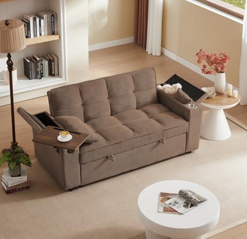 oaaktu ﻿ Large Size Convertible Sleeper Sofa Bed,Polka dot Velvet Pull Out Futon Couch with Storage handrails & Rotating Side Tables,Convertible Sofa Couch for Living Room,RV (Coffee) oaaktu