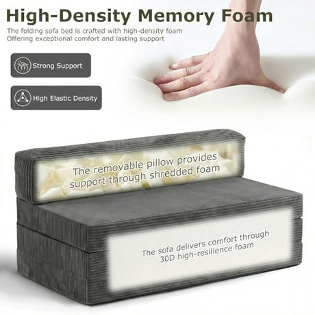 NLDD 5-in-1 Convertible Sofa Bed, Boneless Loveseat Sleeper, Tri-fold Futon Sofa Bed with Removable Cushions & Washable Cover, Pull Out Couch with Handle, for Small Spaces, Queen Size, Grey NLDD