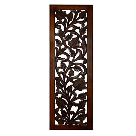 Benjara Mango Wood Wall Panel Hand Crafted with Leaves and Scroll Work Motif, Brown, Rectangle Benzara