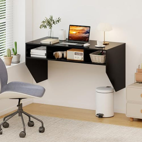 Giantex Wall-Mounted Computer Desk, Floating Laptop Desk with 3 Storage Compartments, Space-Saving Home Office Workstation Vanity Table for Bedroom, Study, Living Room (Black) Giantex