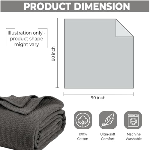 100% Cotton Blankets for Bed - Waffle Weave Blankets for Summer, Lightweight and Breathable Soft Woven Blanket for Spring (Dark Grey, Queen (90" x 90")) QUBA LINEN