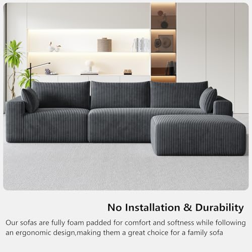 Domiqut 108”Modern Modular L-Shape Couch with Chaise, Modular Sectional Couches for Living Room, Deep Seat Boneless Sofa Bed, No Assembly Required Sleeper Sofa, Plush Corduroy Fabric, Dark Gray Domiqut