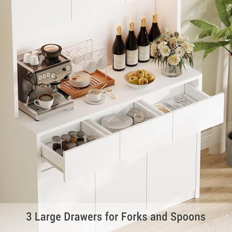 71" Kitchen Pantry Cabinet,Tall Storage Cabinet with Doors & Shelves Adjustable, Kitchen Storage Hutch with Microwave Shelf,Coffee Bar,Led Lights&Charging Station,Corner Pantry Cabinet for Living Room IDEALHOUSE