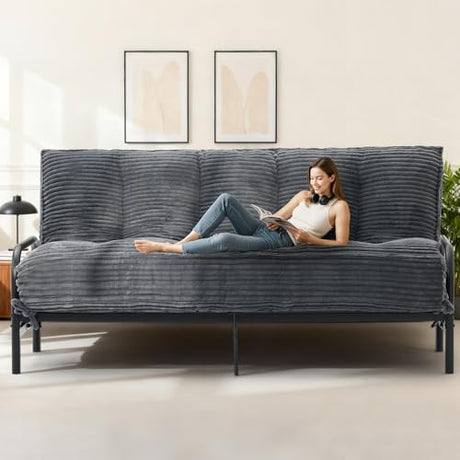 feliz home 10" Futon Mattress Queen Size,Futons Sofa Couch Bed with Straps, Thick Corduroy Floor Mattress for Adults, Roll Up Folding Mattress Shredded Foam Filling, Medium Firm (Gray, Queen) feliz home