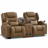 DRMBOOK Power Loveseat Recliner Sofa, Faux Leather Wall Hugger Reclining Couch with Console, Electric Double Reclinable Movie Seating 2 Person Recliner with LED/USB/Type C/Bluetooth Speakers, Khaki