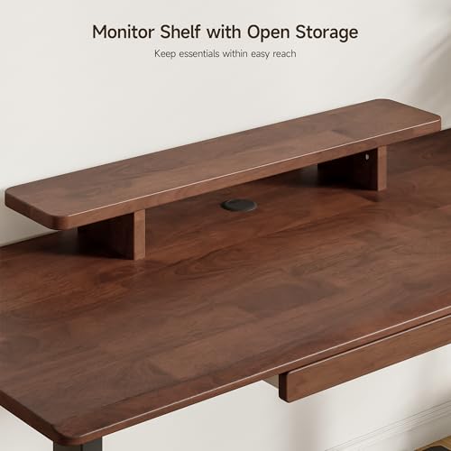 ONBRILL Standing Desk with Drawer, 47x23.6 Inches Solid Wood Desktop Stand Up Desk with Whole-Piece Board and Storage Shelf, Adjustable Height from 28-46 Inches for Home & Office, Black Walnut ONBRILL