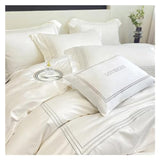 YUSIWOAL Cotton Bedding Set Home Textile Three Lines Embroidery Luxurious Pillowcase Sheet Quilt Cover Twin/Queen/Single Bed,Summer Duvet Cover sets(Bianco,Queen size 1.8M Bed 4pcs) YUSIWOAL