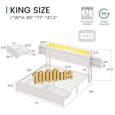 LARMACE King Size Bed Frame with Charging Station and LED Lights Wooden Platform Bed Frame with Storage Drawers and Ergonomic Headboard,2-Tier Hidden Storage,No Box Spring Needed,Easy Assembly,White LARMACE