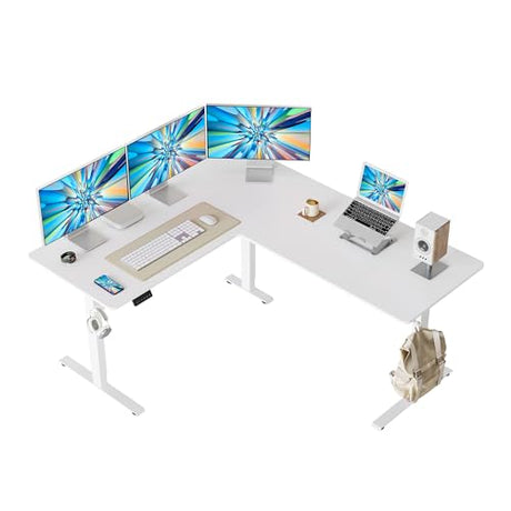 Cubiker L Shaped Standing Desk - 63 x 55 Inch Electric Adjustable Height Corner Standing Desk, Ergonomic Sit Stand Up Table with 3 Memory Buttons, Splice Board for Home Office, White Cubiker