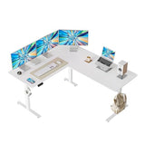 CubiCubi L Shaped Standing Desk 63 x 55 Inch Adjustable Height, Electric Corner Desk, Sit Stand Home Office Desk with Splice Board, White CubiCubi