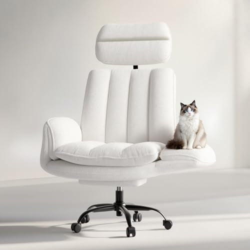 Criss Cross Office Chair with Armrests & Wheels, Comfy Velvet Vanity Chair, Ergonomic Executive Gaming Computer Chairs with Foot Rest, Wide Seat Reclining Desk Chair, White HOMRELEXA