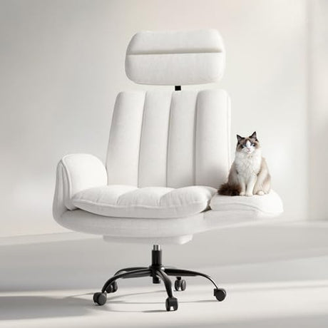 Criss Cross Office Chair with Armrests & Wheels, Comfy Velvet Vanity Chair, Ergonomic Executive Gaming Computer Chairs with Foot Rest, Wide Seat Reclining Desk Chair, White HOMRELEXA