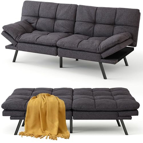MUUEGM 71" Futon Sofa Bed, Comfortable Memory Foam Futons Sofa with Adjustable Backrest & Armrests, Convertible Loveseat Futon Bed for Compact Living Room, Apartment, Office, Medium Grey MUUEGM