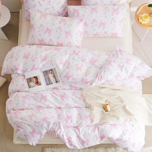 Jolusere Floral Duvet Cover Queen Pink Bow Bedding Set for Girls Kids, Princess Style Bowknot Flower Design, Coquette Duvet Cover Set 3 Pieces, 2 Pillowcases, 100% Microfiber Jolusere