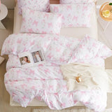 Jolusere Floral Duvet Cover Queen Pink Bow Bedding Set for Girls Kids, Princess Style Bowknot Flower Design, Coquette Duvet Cover Set 3 Pieces, 2 Pillowcases, 100% Microfiber Jolusere