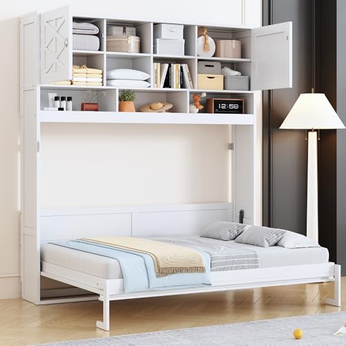 Queen Horizontal Murphy Bed with Storage Shelves,Wood Folding Hideaway Murphy Wall Bed with Storage Bookcase for Adults (A White) MERITLINE