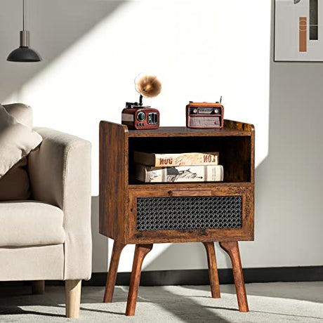 Lerliuo Rattan Nightstand, Boho Side Table with Drawer Open Shelf, Cane Accent Bedside End Table with Solid Wood Legs for Bedroom, Dorm and Small Spaces (Brown) Lerliuo