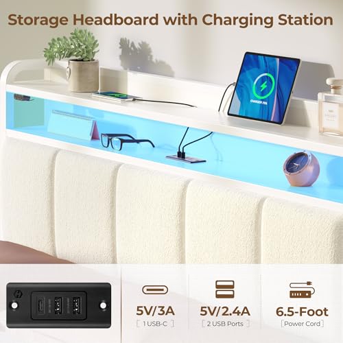 Rolanstar Bed Frame Queen Size with Charging Station and LED Lights, Upholstered Headboard with Storage Shelves, Heavy Duty Metal Slats, No Box Spring Need, Noise Free, Easy Assembly, White Rolanstar