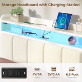 Rolanstar Bed Frame Queen Size with Charging Station and LED Lights, Upholstered Headboard with Storage Shelves, Heavy Duty Metal Slats, No Box Spring Need, Noise Free, Easy Assembly, White Rolanstar