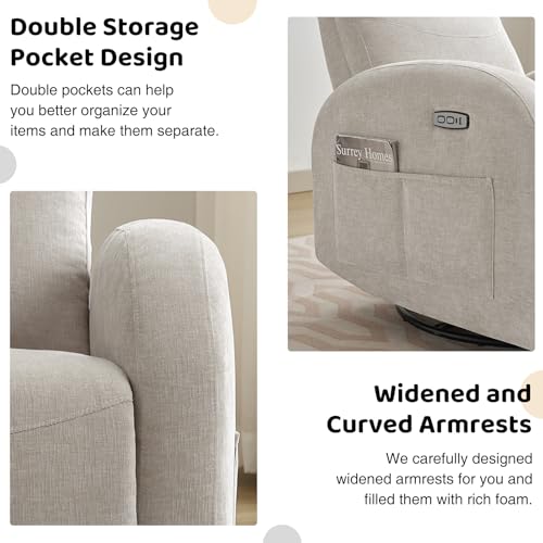 AEMEIOS Nursery Glider Recliner, Power Swivel Rocking Recliner with USB & Type-C Port, Swivel Nursering Reclining Rocker with Double Pockets for Living Room, Camel Chenille