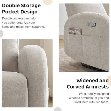AEMEIOS Nursery Glider Recliner, Power Swivel Rocking Recliner with USB & Type-C Port, Swivel Nursering Reclining Rocker with Double Pockets for Living Room, Camel Chenille AEMEIOS