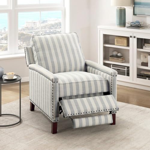 Push Back Recliner Chair Stripe Pattern Fabric Upholstery Nailhead Trim Solid Wood Classic Traditional Living Room Furniture 1pc WoodArtSupply
