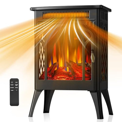 Electric Fireplace Stove, 1500W, Fast Heating, X Infrared Fireplace Heater with Remote Control, 8H Timer, Freestanding Stove with Adjustable 3D Flame Overheat Protection, Indoor Fireplace